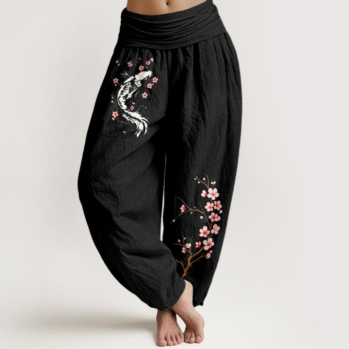 Buddha Stones Damen-Haremshose aus reiner Baumwolle mit Koi-Blumenzweigmuster und elastischem Bund - Schwarz - US16, UK/AU20, EU48 (3XL) - image 0
