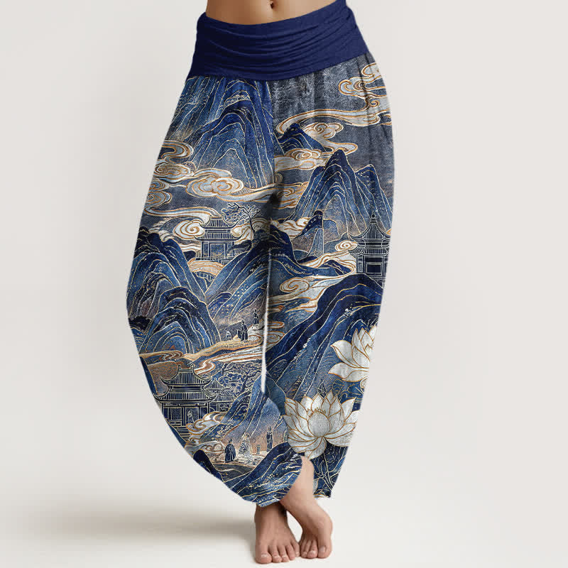 Buddha Stones Haremshose aus Baumwolle mit Lotus- und Wolkenmuster, elastischer Bund, Damen - Marine - US16, UK/AU20, EU48 (3XL) - image 0