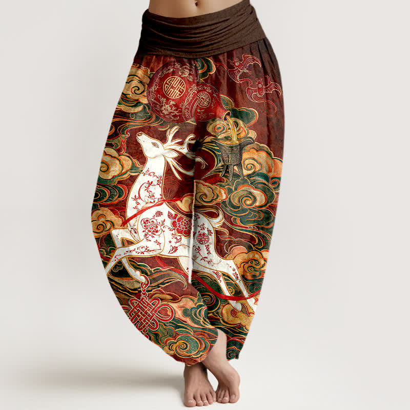 Buddha Stones Baumwoll-Haremshose mit aufwendigem, chinesischem Knotenmuster und elastischem Bund für Damen (verziert mit einem glückverheißenden Wolkenmotiv). - Braun - US16, UK/AU20, EU48 (3XL) - image 0
