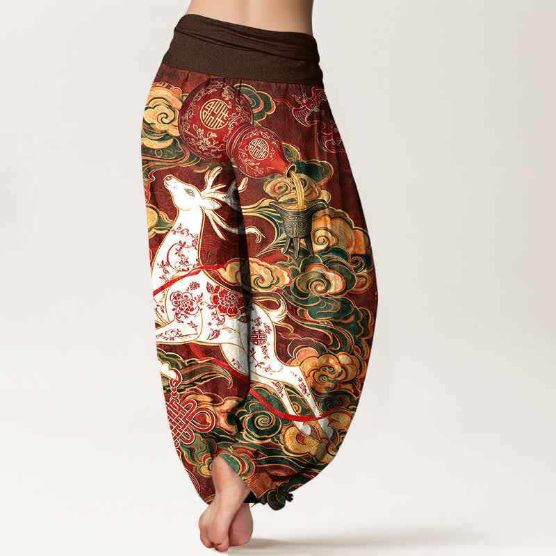 Buddha Stones Baumwoll-Haremshose mit aufwendigem, chinesischem Knotenmuster und elastischem Bund für Damen (verziert mit einem glückverheißenden Wolkenmotiv). - image 1