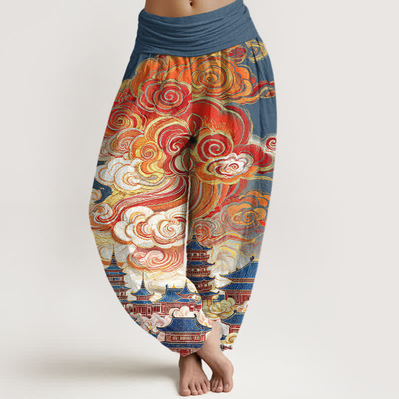 Buddha Stones Haremshose aus Baumwolle mit ethnischem Blumen-Spiralmuster und elastischem Bund für Damen. - SteelBlue - US16, UK/AU20, EU48 (3XL) - image 0