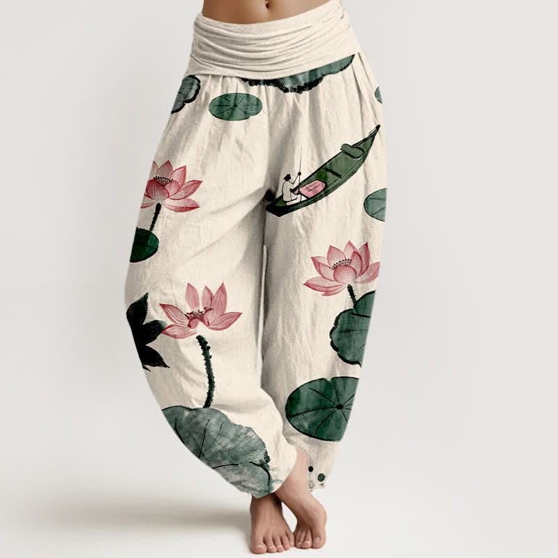 Buddha Stones Baumwoll-Haremshose mit orientalischem Lotusmuster und elastischem Bund für Damen - Beige - US16, UK/AU20, EU48 (3XL) - image 0