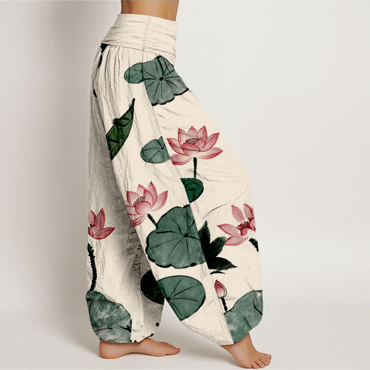 Buddha Stones Baumwoll-Haremshose mit orientalischem Lotusmuster und elastischem Bund für Damen - image 2
