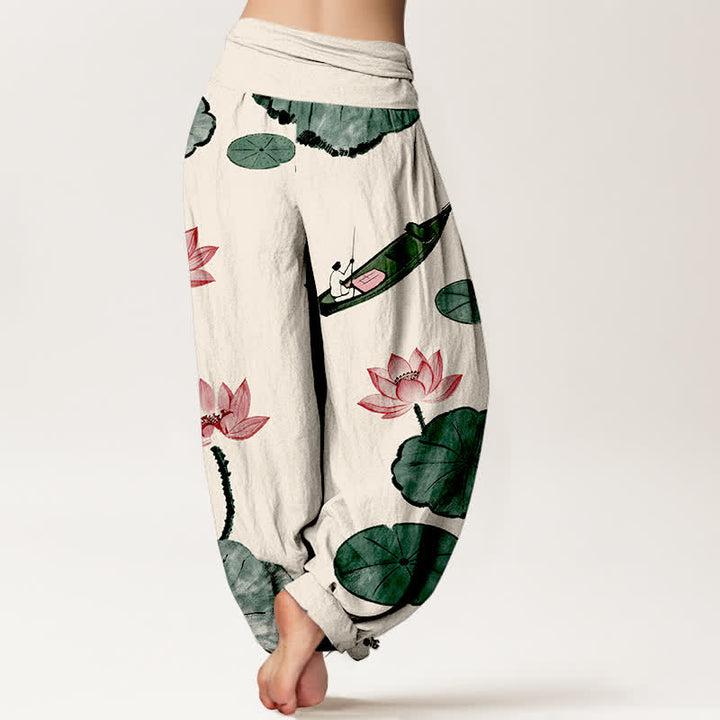 Buddha Stones Baumwoll-Haremshose mit orientalischem Lotusmuster und elastischem Bund für Damen - image 1