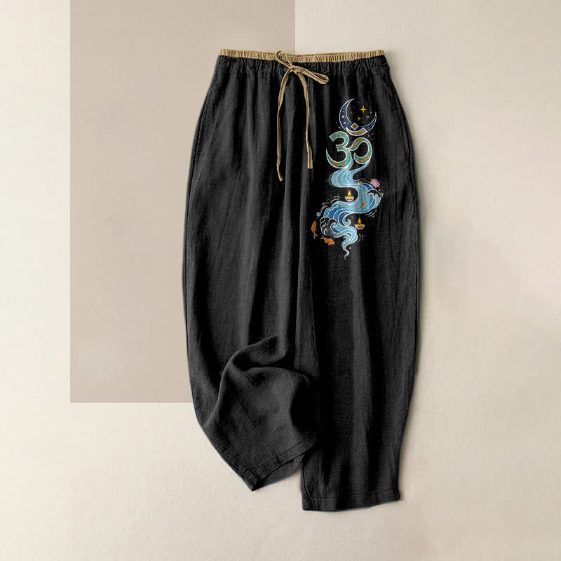 Buddha Stones Damenhose aus reiner Baumwolle mit Mond-, Stern-, Koi- und Lotusmuster, elastischem Bund und Taschen - Schwarz - US16, UK/AU20, EU48 (3XL) - image 0