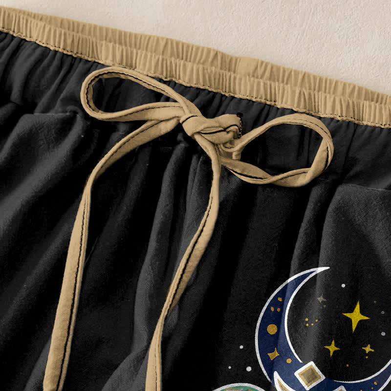 Buddha Stones Damenhose aus reiner Baumwolle mit Mond-, Stern-, Koi- und Lotusmuster, elastischem Bund und Taschen - image 1