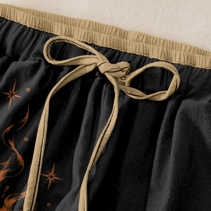 Buddha Stones Damenhose aus reiner Baumwolle mit Retro-Muster (Sonne, Stern, Mond), elastischem Bund und Taschen - image 1