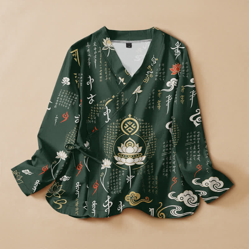 Buddha Stones Kimono aus Baumwolle mit Zen-Lotus-Schriftzug, Wickeloptik, V-Ausschnitt und Schnürung, langärmlig, für Damen - Dunkelgrün - US16, UK/AU20, EU48 (3XL) - image 0
