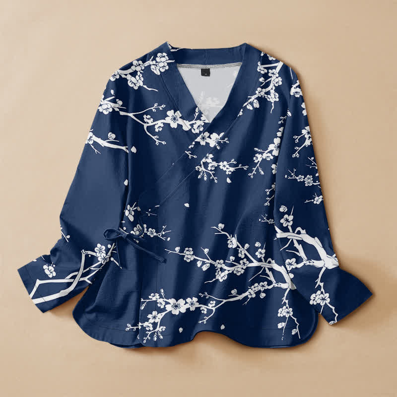 Buddha Stones Kimono aus Baumwolle mit orientalischem Blattblütenmuster, Wickeloptik, V-Ausschnitt und Schnürung, langärmlig, für Damen - Marine - US16, UK/AU20, EU48 (3XL) - image 0
