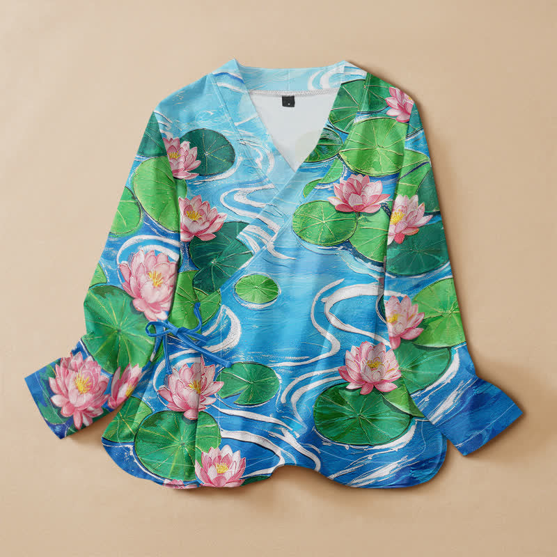 Buddha Stones Kimono aus Baumwolle mit blühendem Lotusblattmuster im Hanfu-Stil, Wickeloptik, V-Ausschnitt und Schnürung, langärmlig, für Damen. - Tiefblau - US16, UK/AU20, EU48 (3XL) - image 0