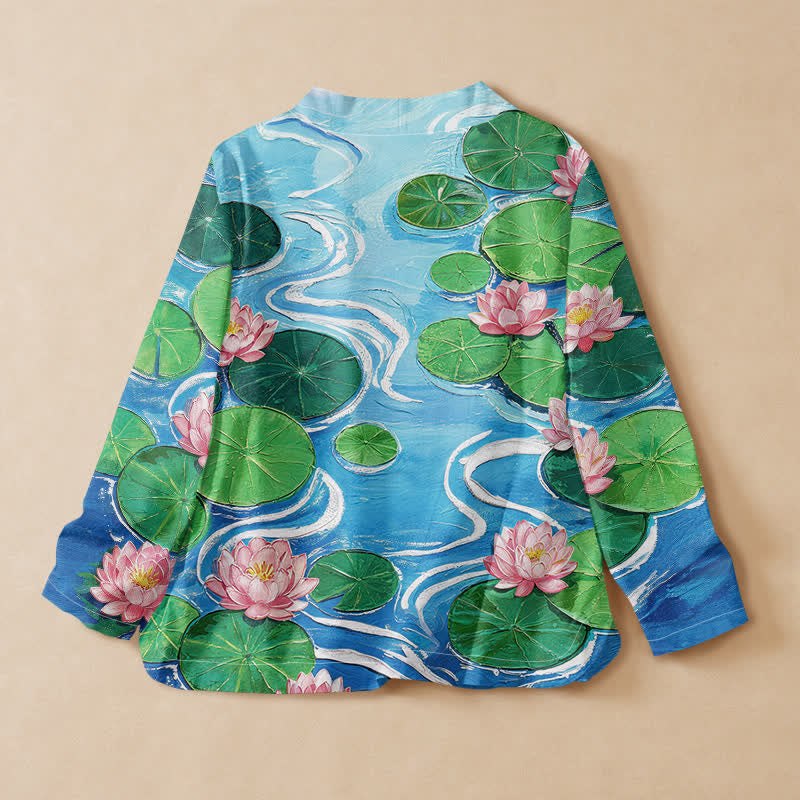 Buddha Stones Kimono aus Baumwolle mit blühendem Lotusblattmuster im Hanfu-Stil, Wickeloptik, V-Ausschnitt und Schnürung, langärmlig, für Damen. - image 1