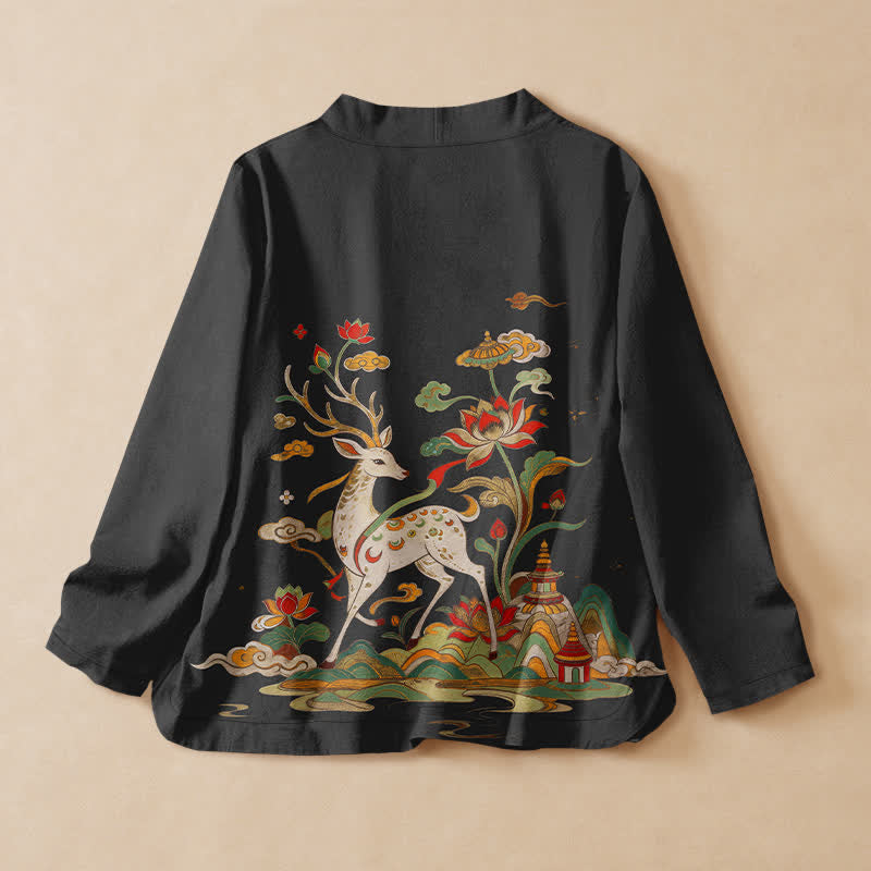 Buddha Stones Kimono-Wickelbluse mit langen Ärmeln, V-Ausschnitt, Schnürung und Lotus-Hirsch-Wolkenmuster aus Baumwolle für Damen. - image 1