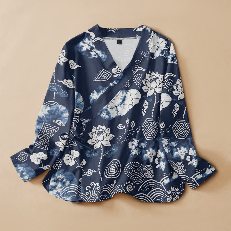 Buddha Stones Baumwoll-Kimono im Retro-Stil mit floralem Diamant-Lotus-Spiralmuster, Wickeloptik, V-Ausschnitt und Schnürung, Damen, Langarm. - Marine - US16, UK/AU20, EU48 (3XL) - image 0