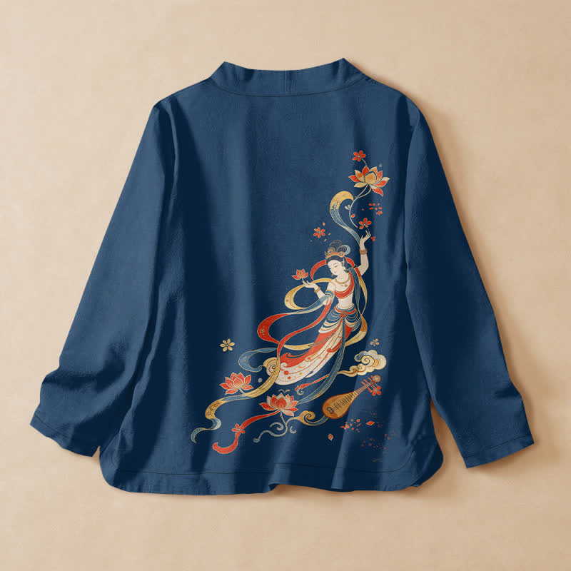 Buddha Stones Kimono mit langen Ärmeln, Wickeloptik, V-Ausschnitt, Schnürung und Lotusblütenmuster aus Baumwolle, Damenbluse mit langem Ärmeln und Wickelverschluss. - image 1