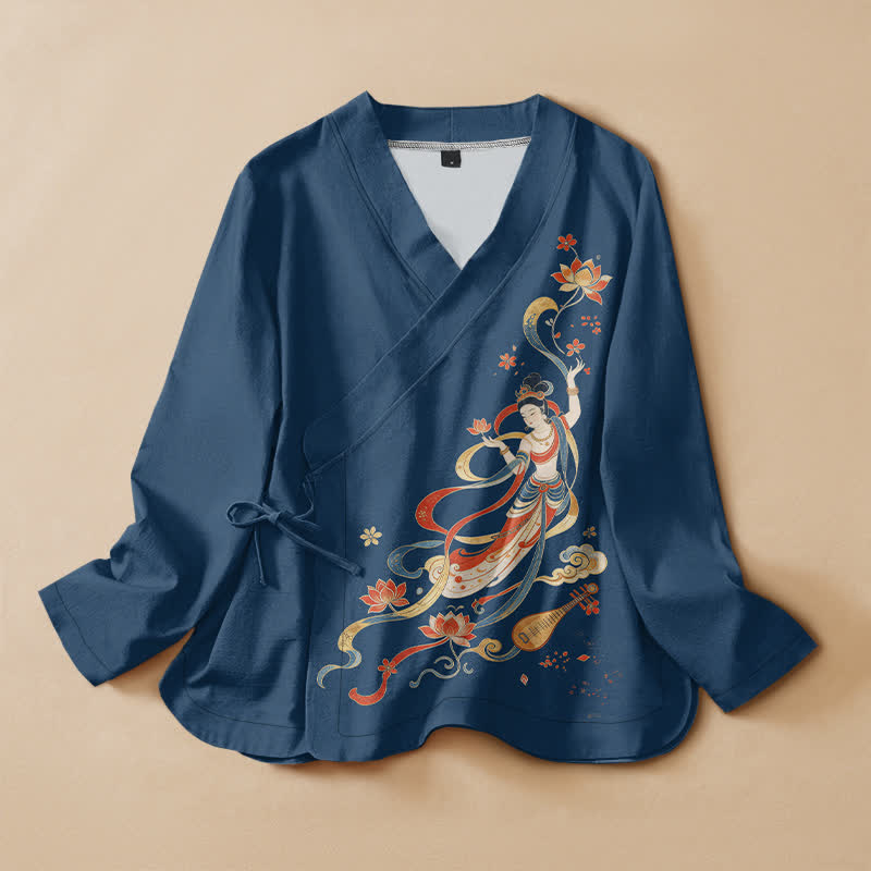 Buddha Stones Kimono mit langen Ärmeln, Wickeloptik, V-Ausschnitt, Schnürung und Lotusblütenmuster aus Baumwolle, Damenbluse mit langem Ärmeln und Wickelverschluss. - Mitternachtsblau - US16, UK/AU20, EU48 (3XL) - image 0
