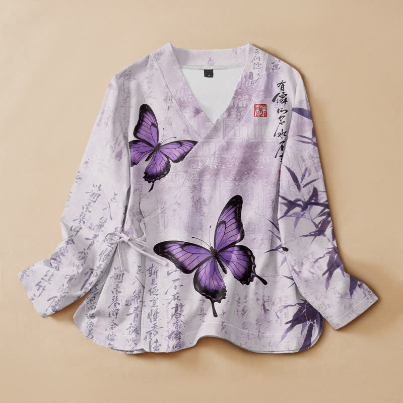 Buddha Stones Kimono-Wickelbluse mit V-Ausschnitt, Schnürung und langen Ärmeln aus Baumwolle und Bambus mit Schmetterlingsmuster für Damen. - Distel - US16, UK/AU20, EU48 (3XL) - image 0