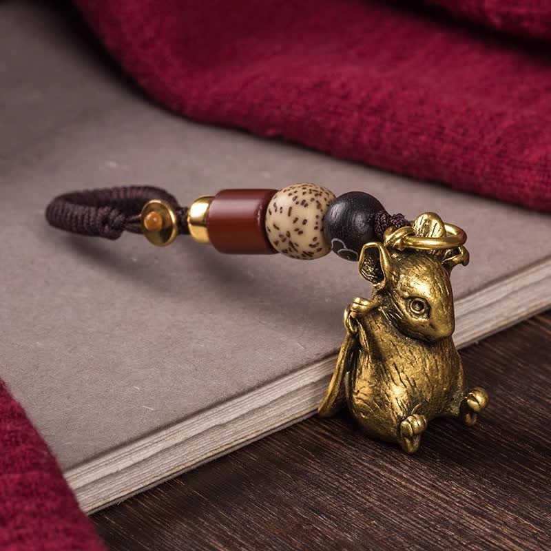 Buddha Stones Schlüsselanhänger aus Messing mit geflochtenem Anhänger in Form des chinesischen Tierkreiszeichens - Ratte - image 8