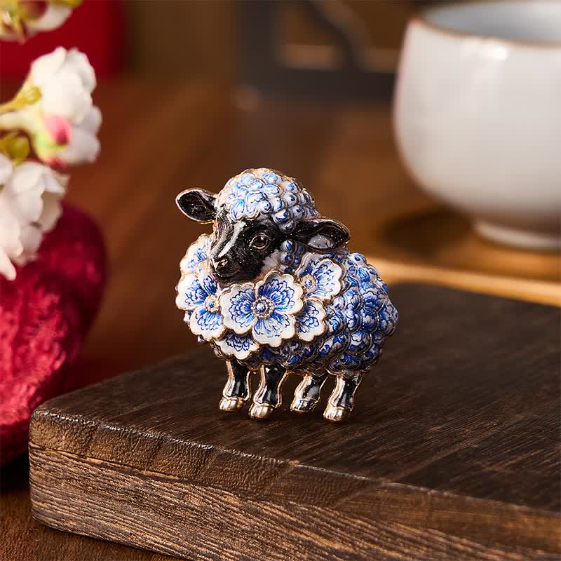 Buddha Stones Vintage-Brosche aus Kupfer mit Widdermotiv und floralem Blumenmuster – ein Statement-Piece im Stil des Jahres der Ziege. - Blaues Schaf mit Blumenmuster, ca. 4,5 x 4,5 cm - image 0