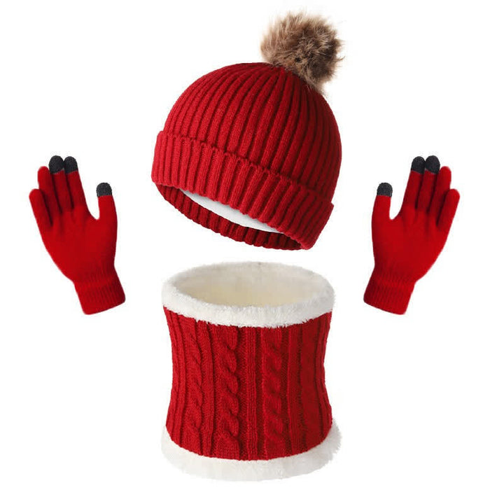 Buddha Stones Herbst/Winter: Gerippter Strickschal mit Bommel, Mütze und Handschuhe für Damen - Rot - image 10