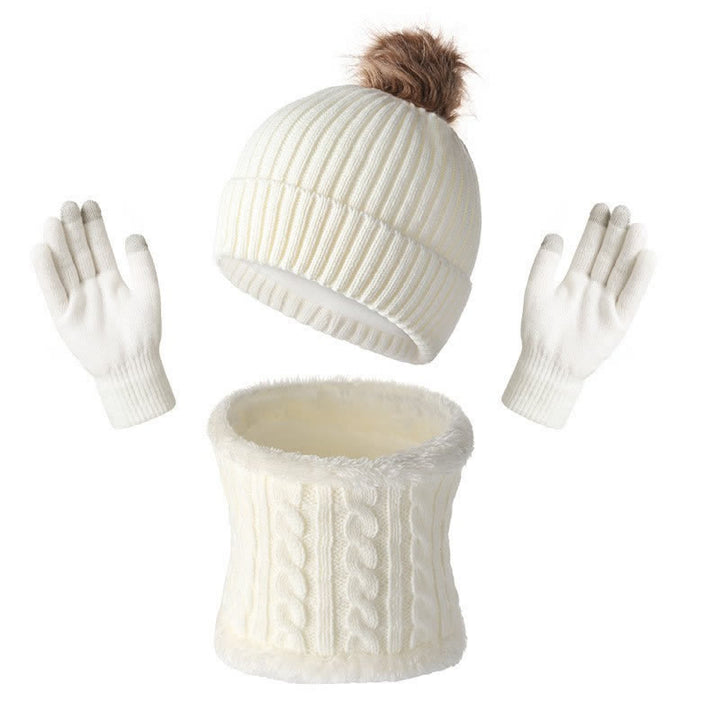 Buddha Stones Herbst/Winter: Gerippter Strickschal mit Bommel, Mütze und Handschuhe für Damen - Weiß - image 13