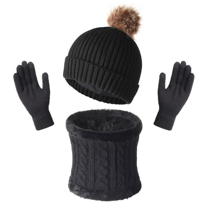 Buddha Stones Herbst/Winter: Gerippter Strickschal mit Bommel, Mütze und Handschuhe für Damen - Schwarz - image 4