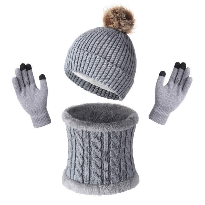 Buddha Stones Herbst/Winter: Gerippter Strickschal mit Bommel, Mütze und Handschuhe für Damen - Grau - image 0