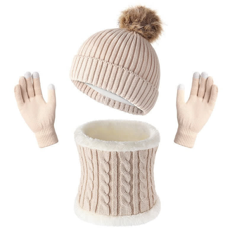 Buddha Stones Herbst/Winter: Gerippter Strickschal mit Bommel, Mütze und Handschuhe für Damen - Beige - image 7