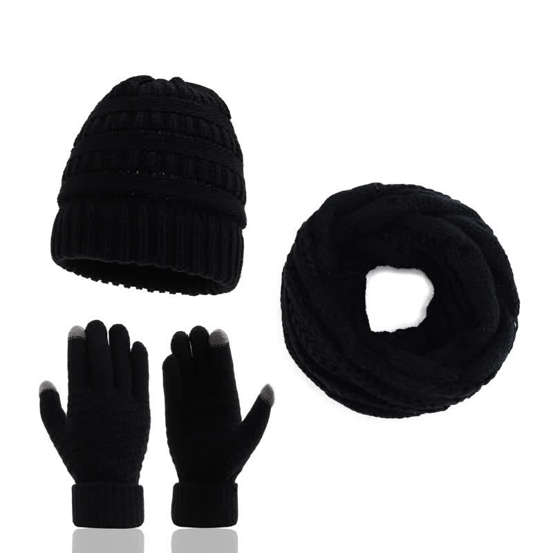 Buddha Stones Herbst-Winter-Set mit Zopfmuster-Strickmütze, Schal und Handschuhen für Damen - Schwarz - image 3