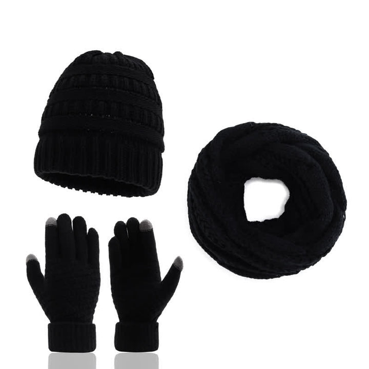 Buddha Stones Herbst-Winter-Set mit Zopfmuster-Strickmütze, Schal und Handschuhen für Damen - Schwarz - image 3
