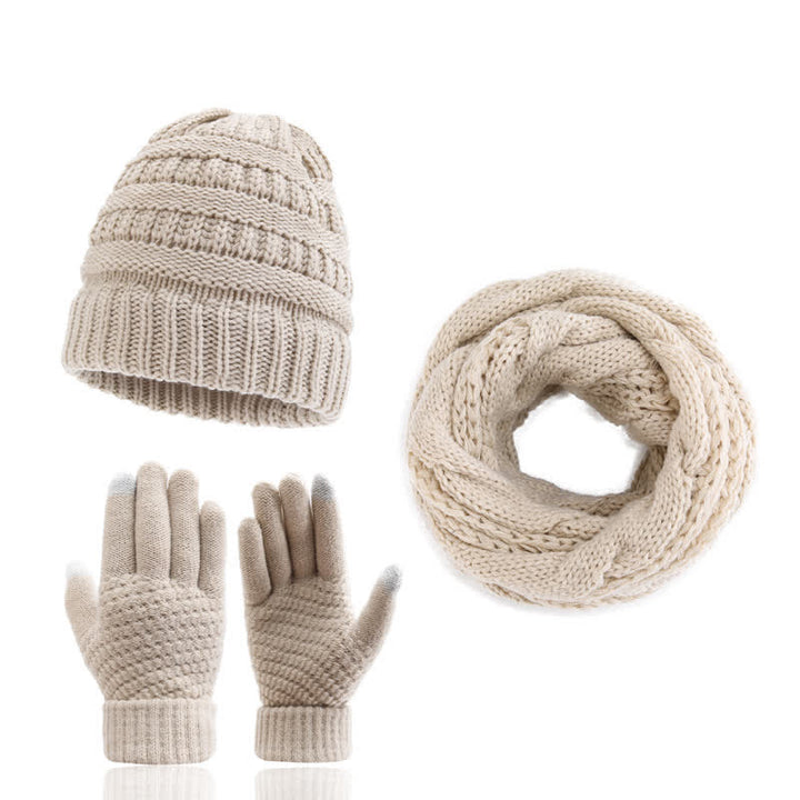 Buddha Stones Herbst-Winter-Set mit Zopfmuster-Strickmütze, Schal und Handschuhen für Damen - Beige - image 0