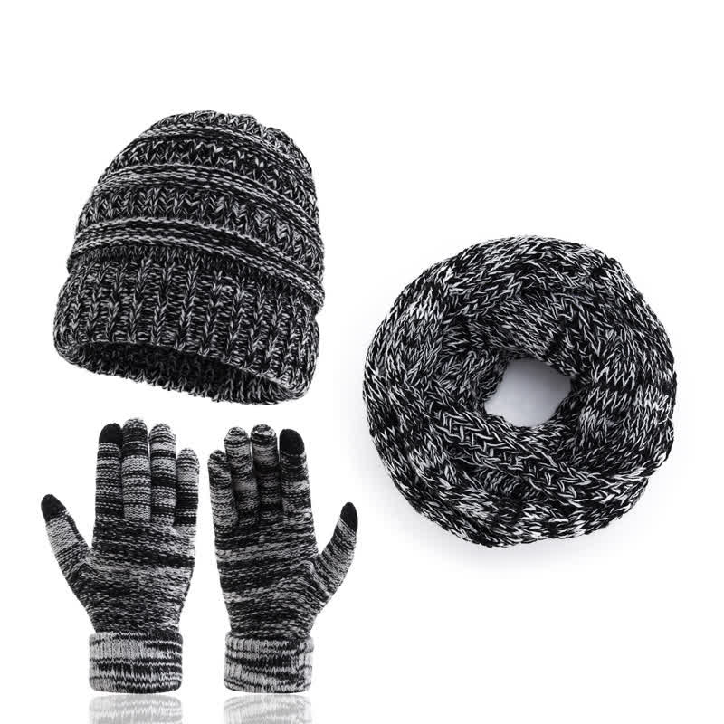 Buddha Stones Herbst-Winter-Set mit Zopfmuster-Strickmütze, Schal und Handschuhen für Damen - Silber - image 9