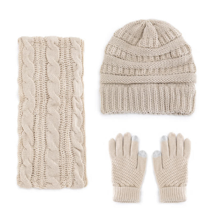 Buddha Stones Herbst-Winter-Set mit Zopfmuster-Strickmütze, Schal und Handschuhen für Damen - image 1