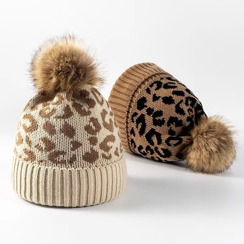 Buddha Stones Herbst-Winter-Damenmütze mit Leopardenmuster, Bommel und Rippstrick - image 5