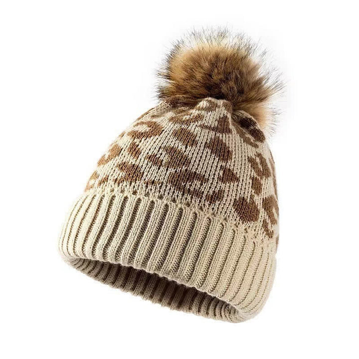 Buddha Stones Herbst-Winter-Damenmütze mit Leopardenmuster, Bommel und Rippstrick - Beige - image 0