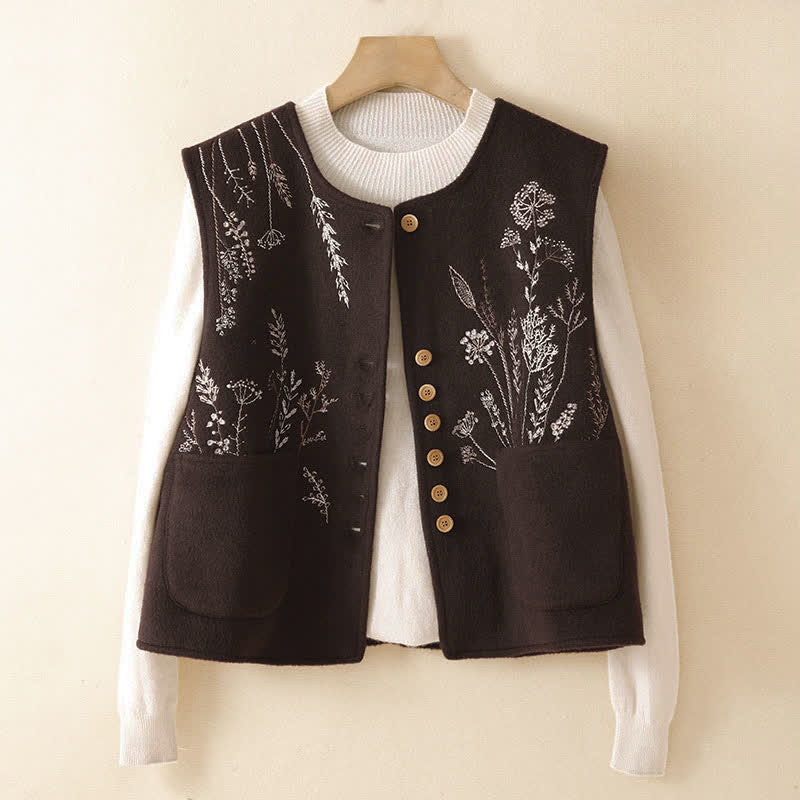 Buddha Stones Klassisches Vintage-Tanktop mit Stickerei, Blumenmuster und Taschen für Damen – perfekt für Herbst und Winter - image 1