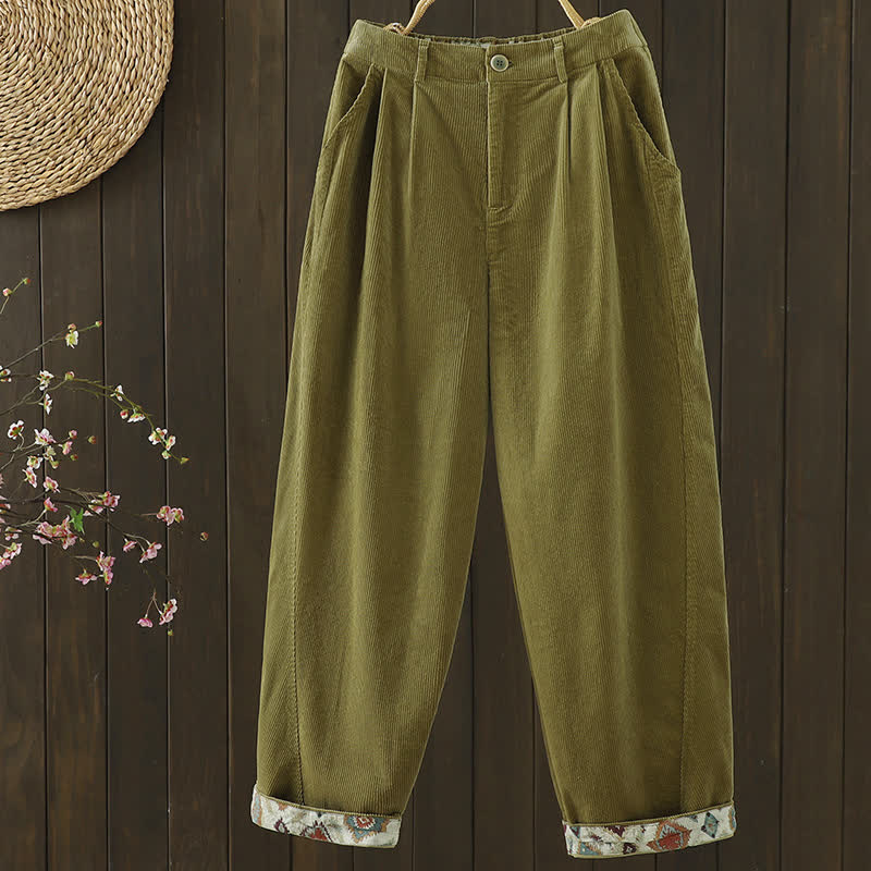 Buddha Stones Lässige Vintage-Cordhose für Damen mit Reißverschluss, geometrischem Muster, Knöchellänge und Taschen – perfekt für Herbst und Winter - Olive - US8-10, UK/AU12-14, EU40-42 (2XL) - image 0