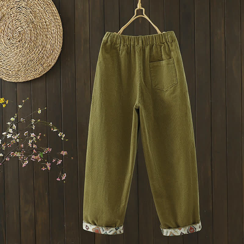 Buddha Stones Lässige Vintage-Cordhose für Damen mit Reißverschluss, geometrischem Muster, Knöchellänge und Taschen – perfekt für Herbst und Winter - image 1