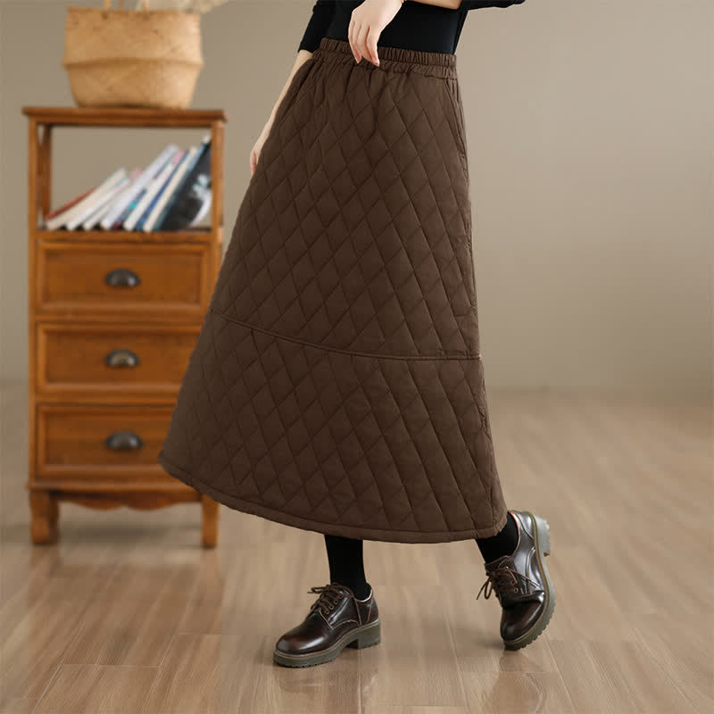 Buddha Stones Herbst/Winter Lässiger Vintage-Design Gesteppter, einfarbiger Damenrock mit Taschen - image 1