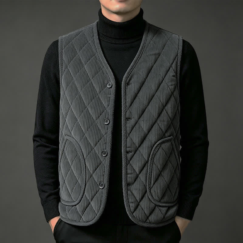 Buddha Stones Lässiges, minimalistisches, gestepptes Tanktop mit V-Ausschnitt und geometrischem Muster für Herbst und Winter; Cordweste für Herren mit Taschen - Dunkelgrau - US/UK/AU44, EU54 (5XL) - image 0