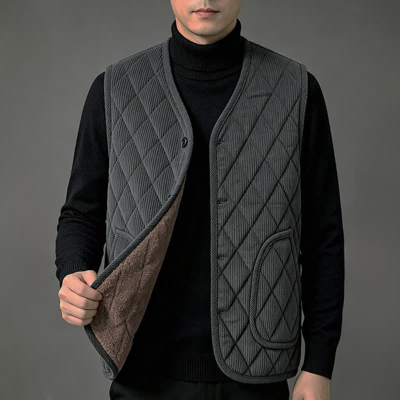 Buddha Stones Lässiges, minimalistisches, gestepptes Tanktop mit V-Ausschnitt und geometrischem Muster für Herbst und Winter; Cordweste für Herren mit Taschen - image 1