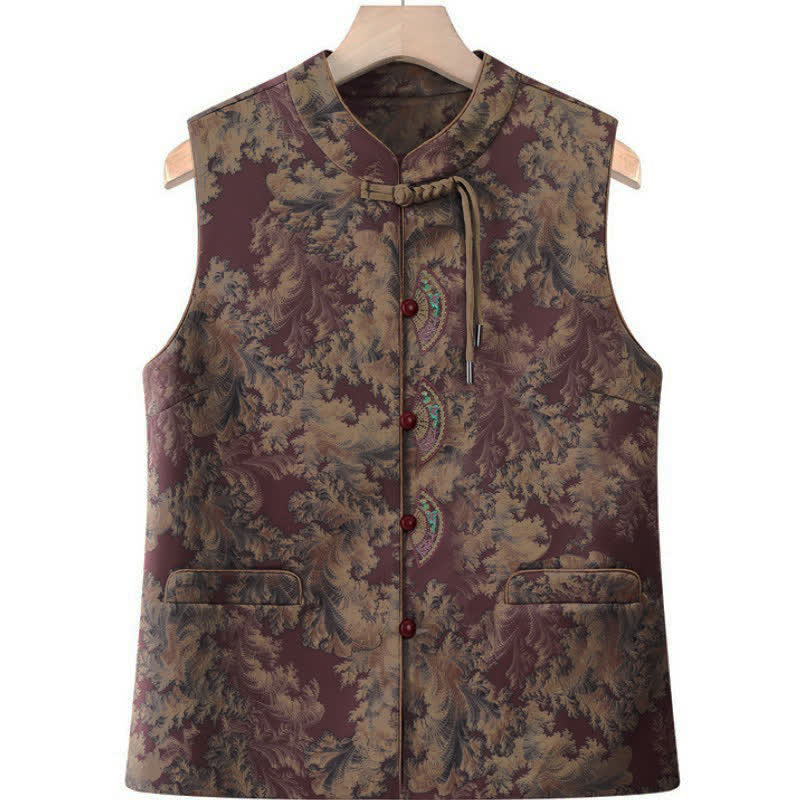 Buddha Stones Herbstliches Vintage-Tanktop im Tang-Stil mit Froschknöpfen, Blumenmuster und Taschen - Sienna - US16, UK/AU20, EU48 (5XL) - image 0
