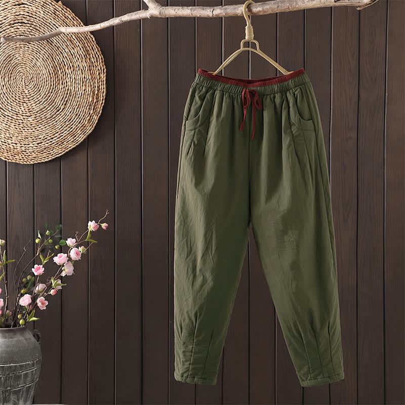 Buddha Stones Lässige, einfarbige, knöchellange Hose mit elastischem Bund und Kordelzug für Damen – ideal für Herbst und Winter – mit Taschen - Dunkelolivgrün - US12, UK/AU16, EU44 (3XL) - image 0