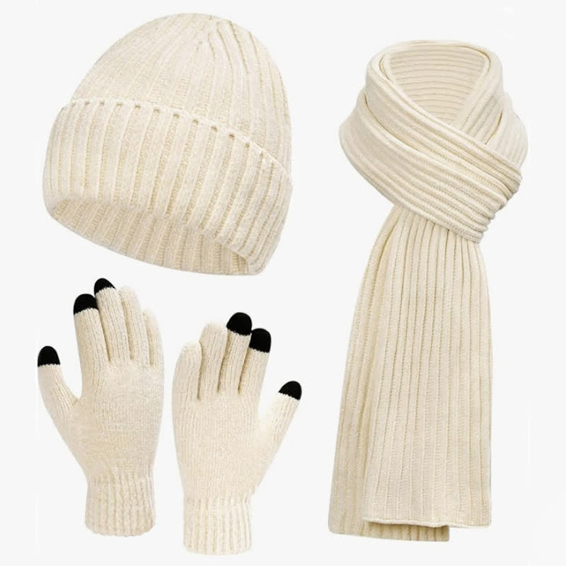 Buddha Stones 3-teiliges Set: Gerippter Strickschal, Mütze und Handschuhe für Damen – perfekt für Herbst und Winter - Elfenbein - image 1