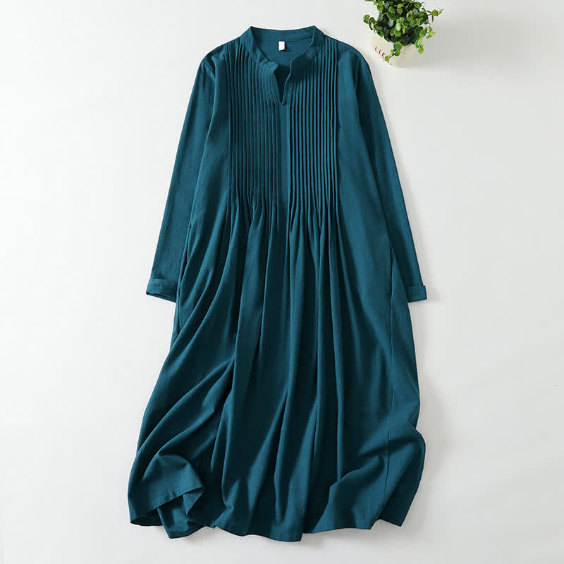 Buddha Stones Minimalistisches Vintage-Herbstkleid für Damen, einfarbig, langärmelig, mit Taschen - Dunkelcyan - US12, UK/AU16, EU44 (2XL) - image 0