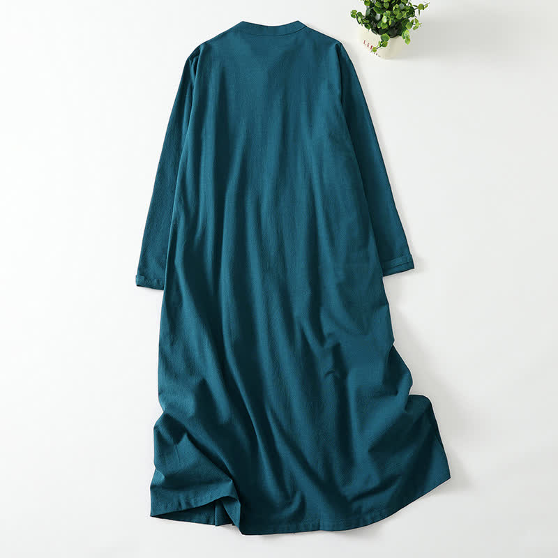 Buddha Stones Minimalistisches Vintage-Herbstkleid für Damen, einfarbig, langärmelig, mit Taschen - image 1