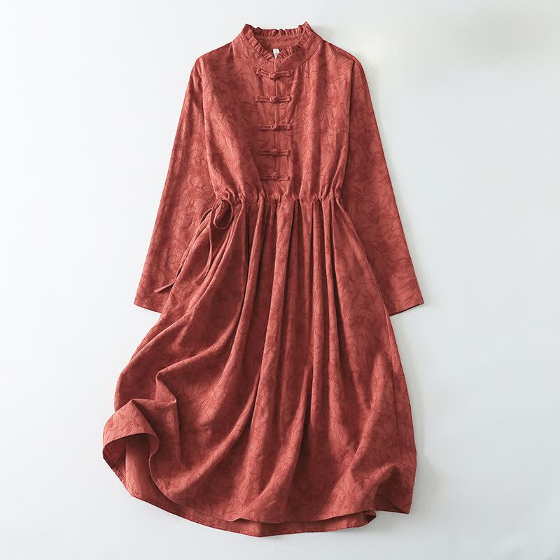 Buddha Stones Elegantes rotes Damenkleid im Herbst-Tang-Stil mit Stehkragen, Froschknöpfen, langen Ärmeln und Taschen - Tomate - US8-10, UK/AU12-14, EU40-42 (2XL) - image 0