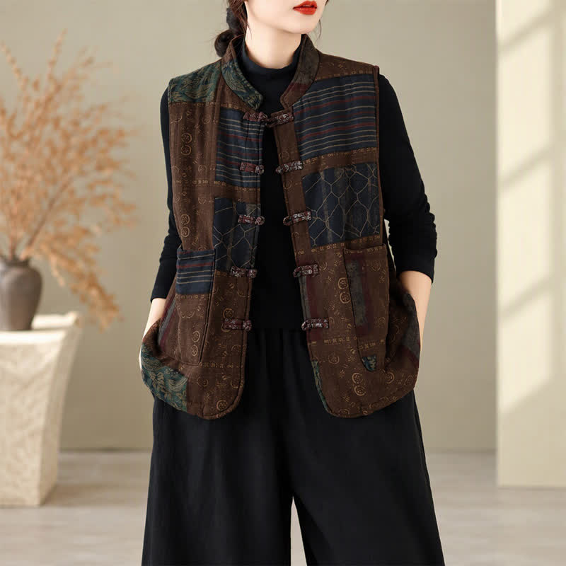 Buddha Stones Herbst/Winter Vintage Tang Style Tanktop mit Stehkragen, Patchwork-Design, Damenweste mit Taschen - image 1