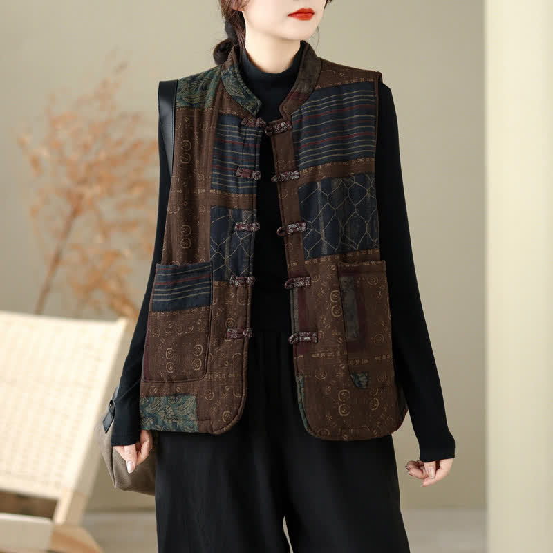 Buddha Stones Herbst/Winter Vintage Tang Style Tanktop mit Stehkragen, Patchwork-Design, Damenweste mit Taschen - Sattelbraun - US8-10, UK/AU12-14, EU40-42 (XL) - image 0