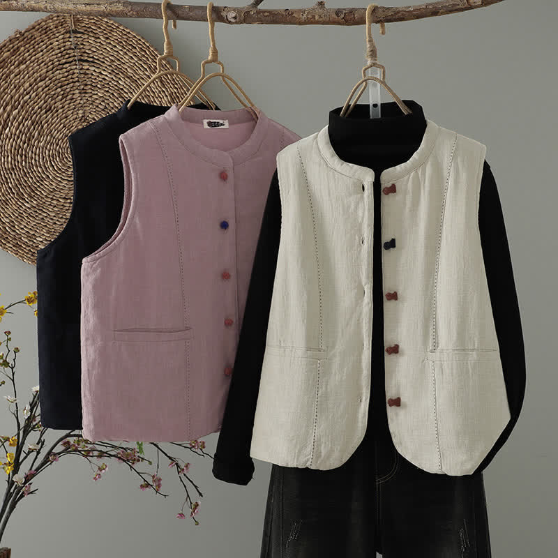 Buddha Stones Lässiges Tanktop im Tang-Stil für Herbst und Winter, einfarbig, mit Taschen und Stehkragen - image 0