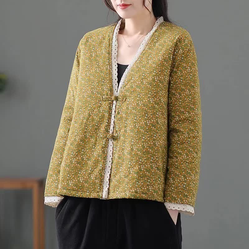 Buddha Stones Lässige Vintage-Damenjacke mit Knopfleiste, V-Ausschnitt und Punktmuster für Herbst und Winter - Khaki - US12, UK/AU16, EU44 (3XL) - image 0